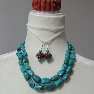 Turquoise and Red Beaded Necklace Set